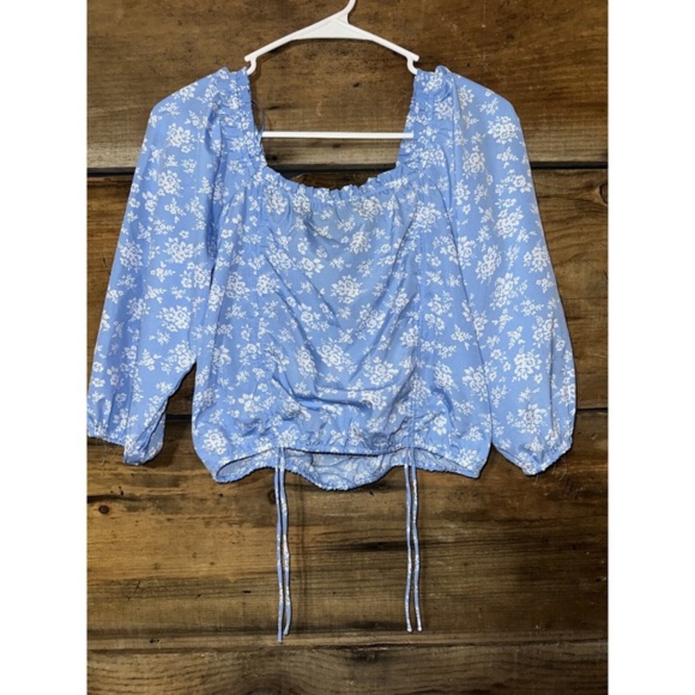 Floral Blue Crop Top Women's Medium‎ Speed Limit Blouse Drawstring NWT